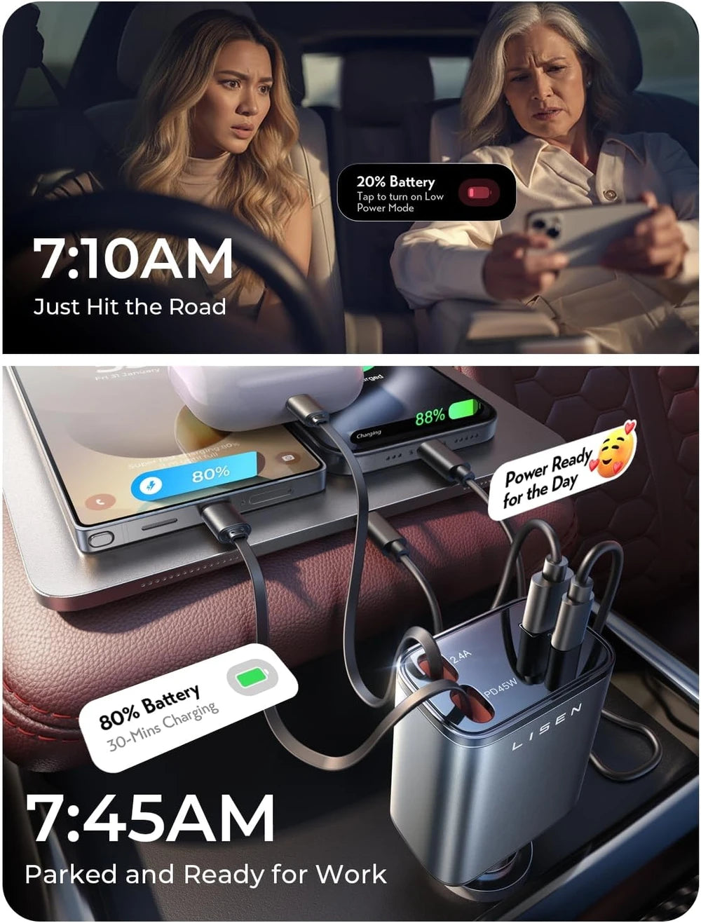 LISEN Retractable Multi-Device Car Charger