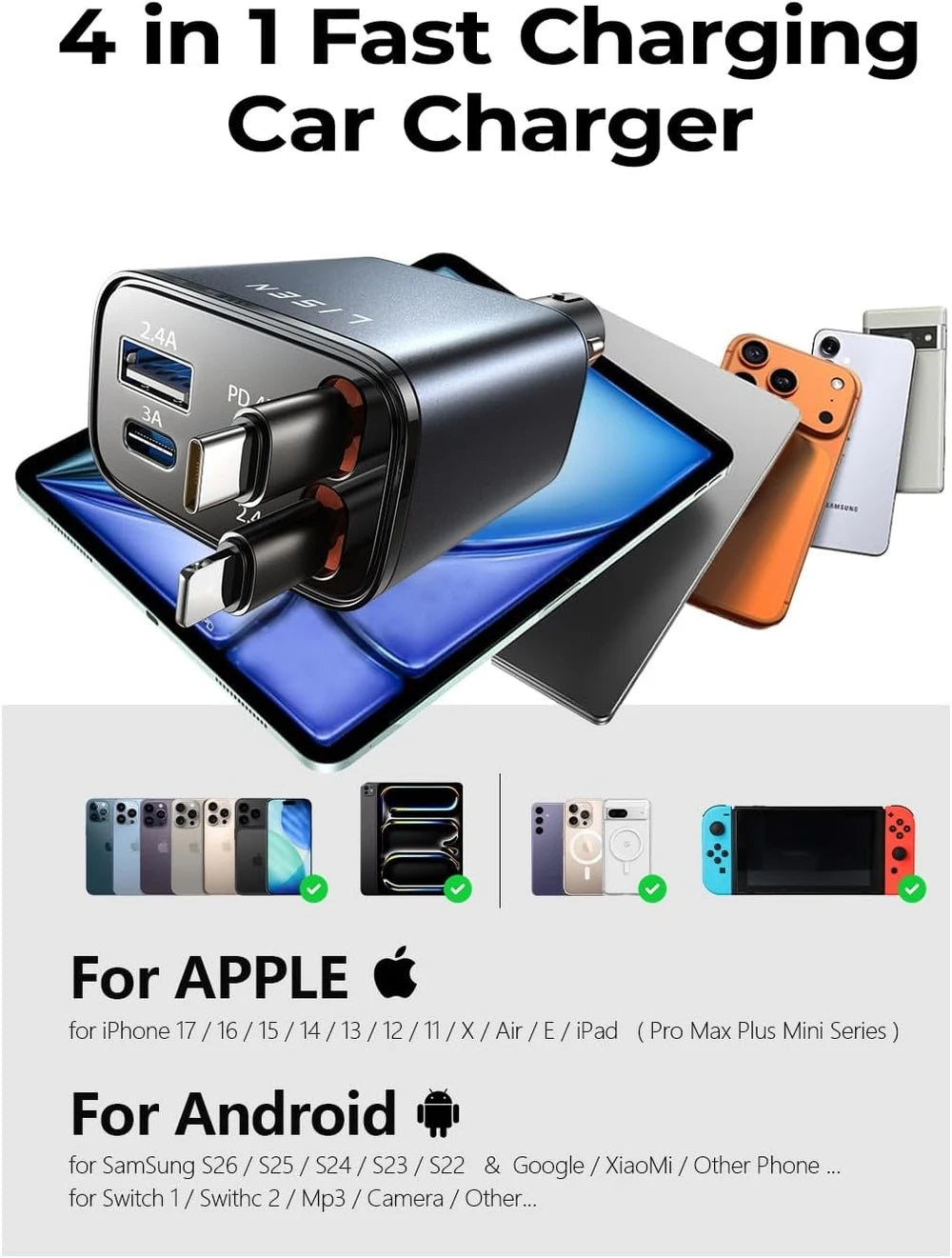 LISEN Retractable Multi-Device Car Charger